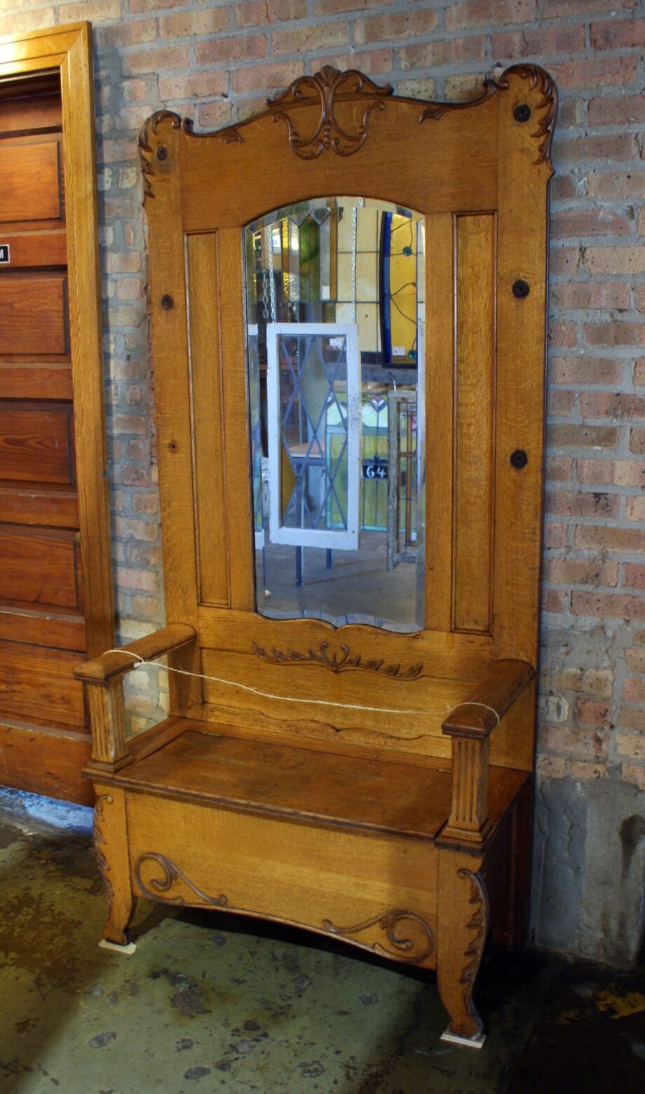 Antique Hall Bench w Mirror and Storage