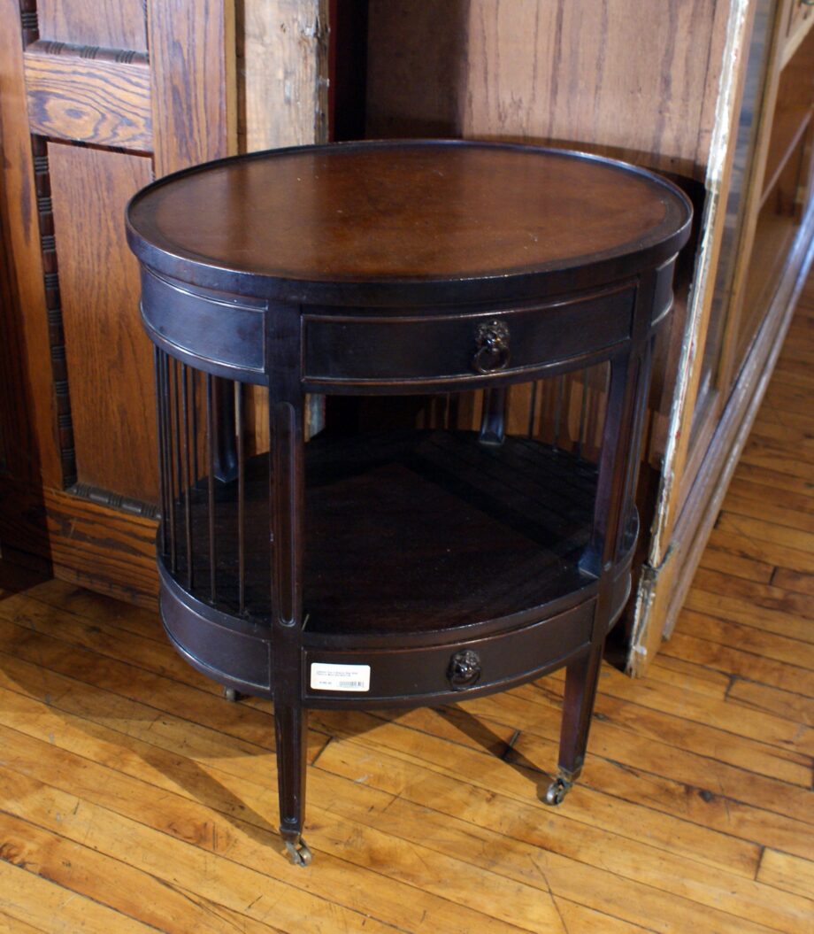 Leather Top 2 Drawer Oval Side Table w Bars