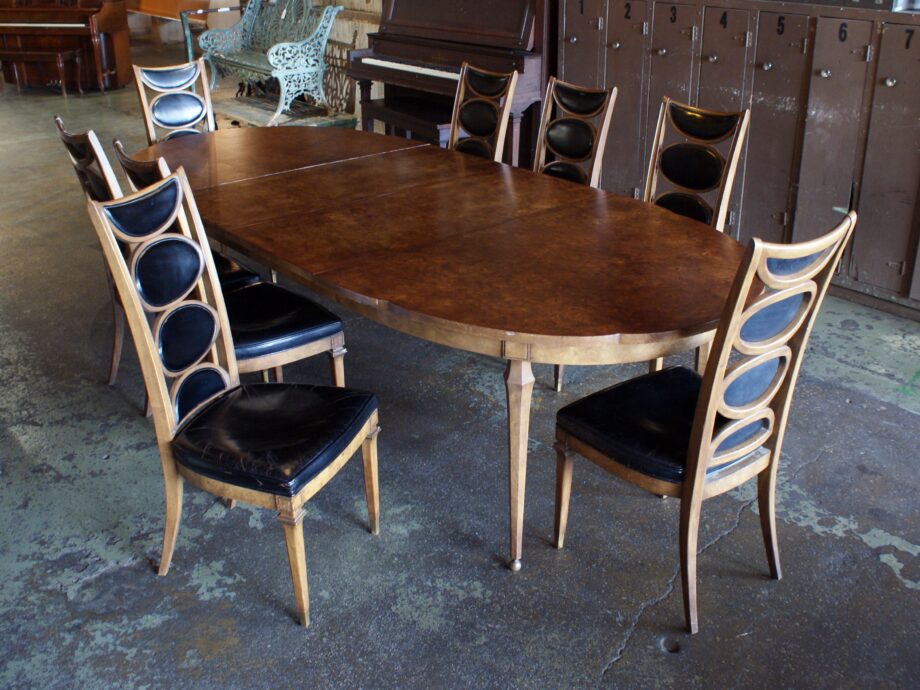 Burl Top MCM Dining Table w 3 20" Leaves and 8 Chairs