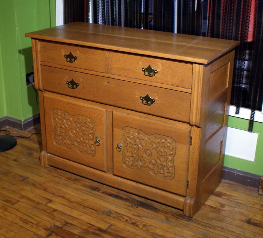 3 Drawer Mission Oak Buffet w Carved Doors