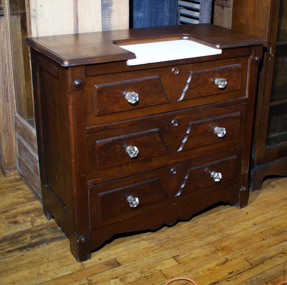 Antique 3 Drawer Dresser w Glass Pulls and Marble Insert