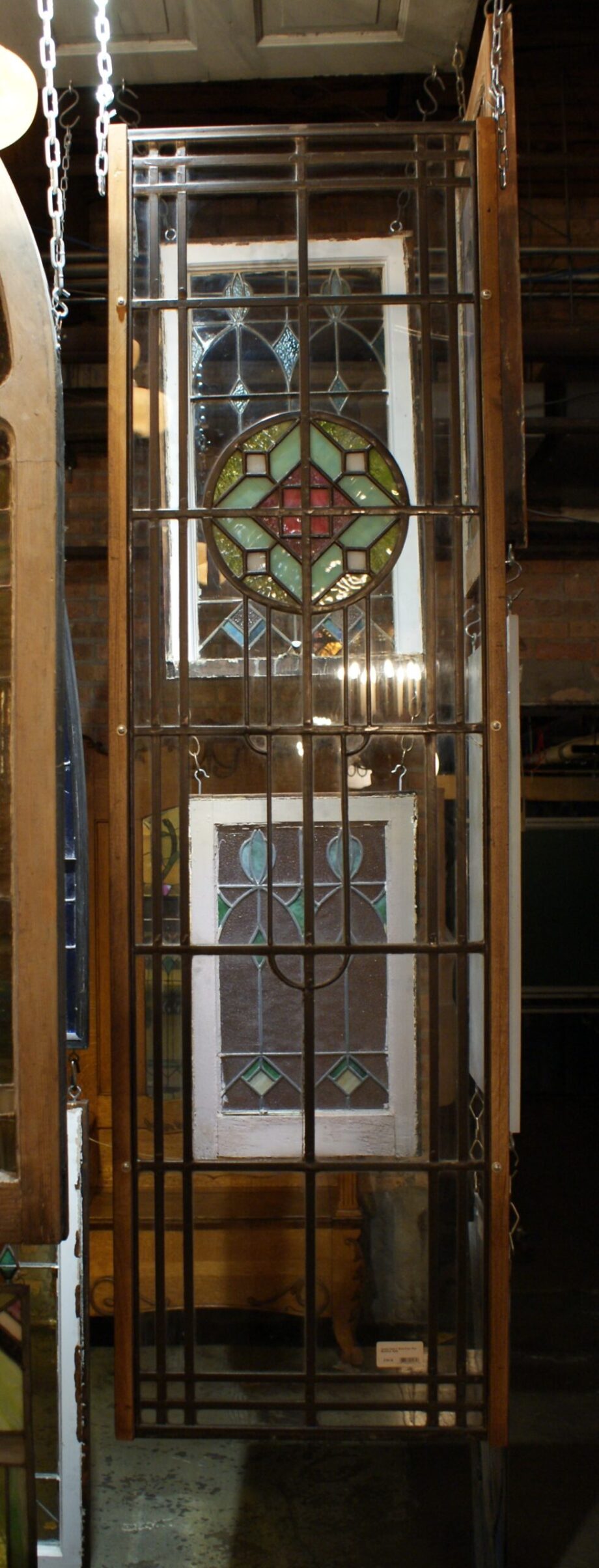 Leaded Glass w White Green Pink Medallion