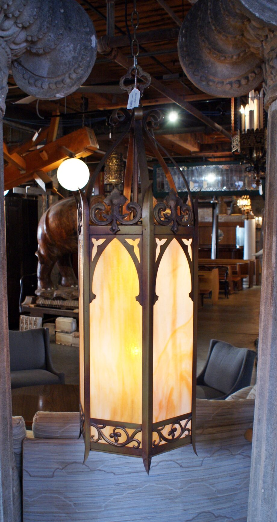 Brass and Slag Glass Panel Gothic Church Lantern