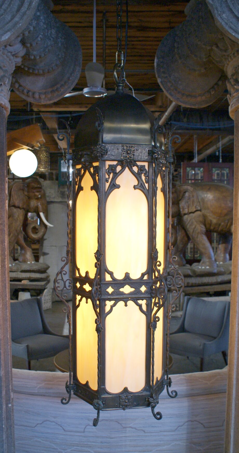 Bronze and Slag Glass Panel Gothic Church Lantern