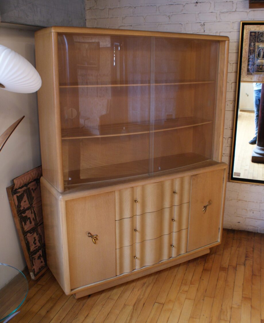 Vintage Blonde China Hutch w Curved Glass Doors