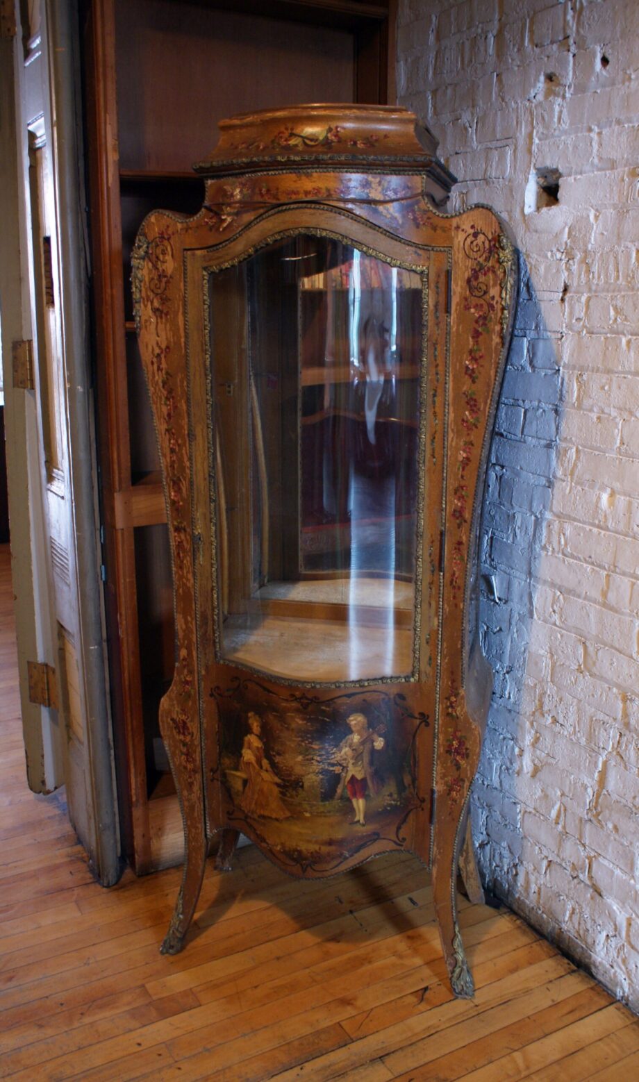 Antique French Painted Curio Cabinet w Curved Glass Door