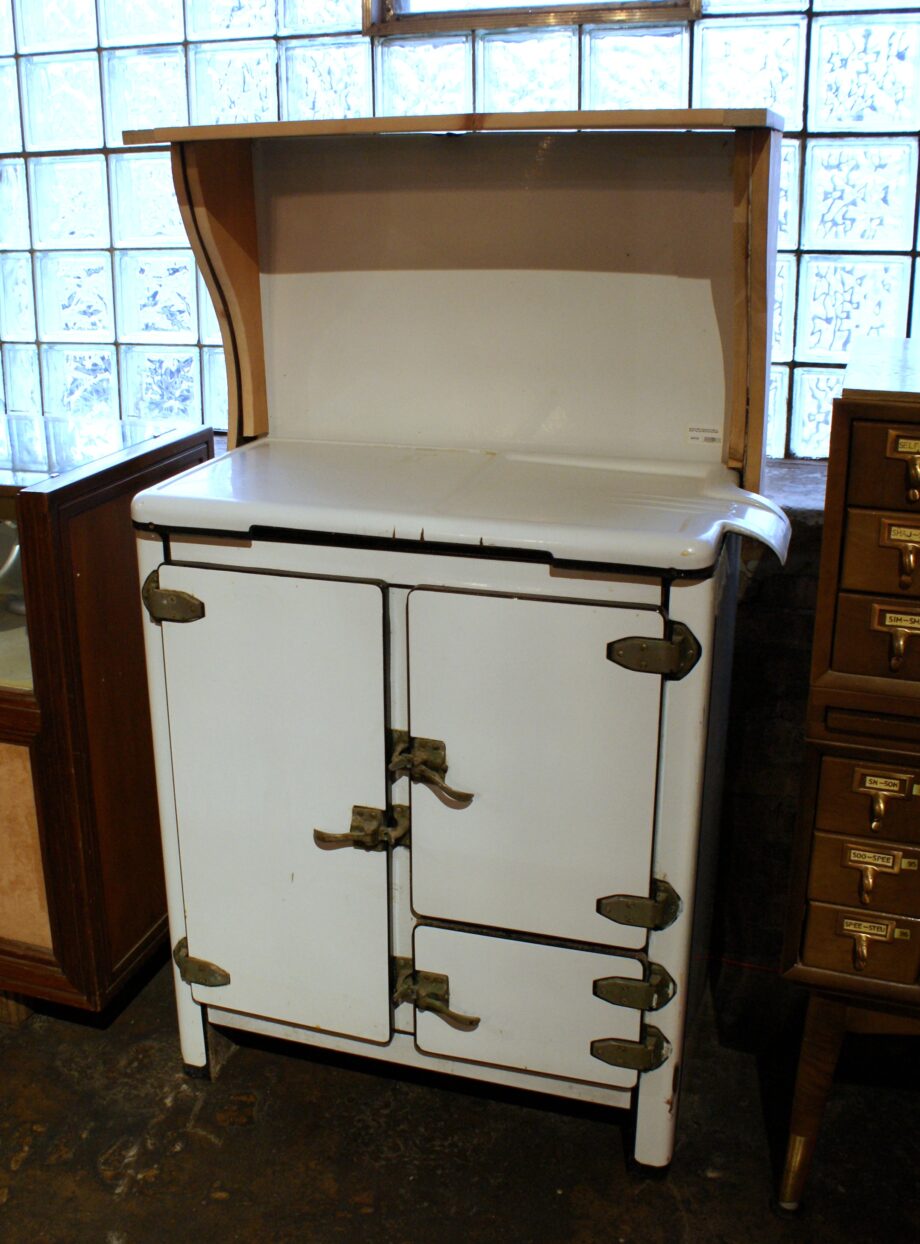 Antique White Enamel Ice Box w Drain Top and Shelf