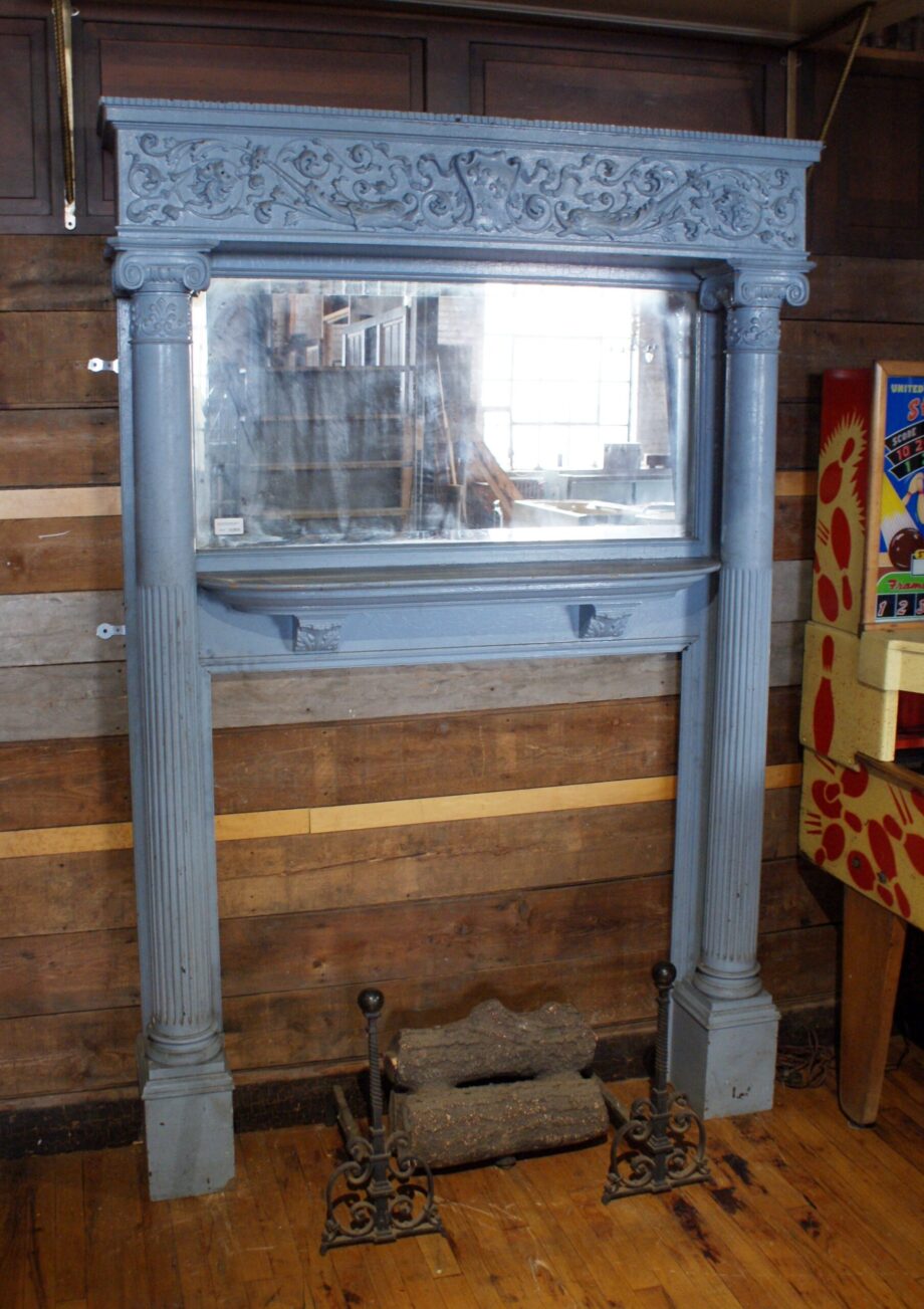 Blue Painted Full Mantel w Carved Crown and Columns