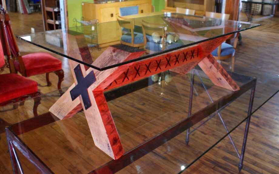 Custom Old Growth Trestle Coffee Table w Glass Top