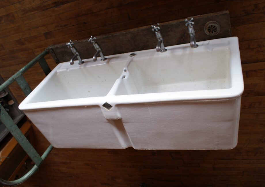 Antique Earthenware Double Basin Utility Sink w Hardware