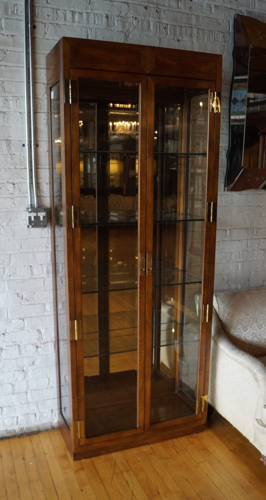 Henredon Campaign Tall Glass Display Cabinet w Lights