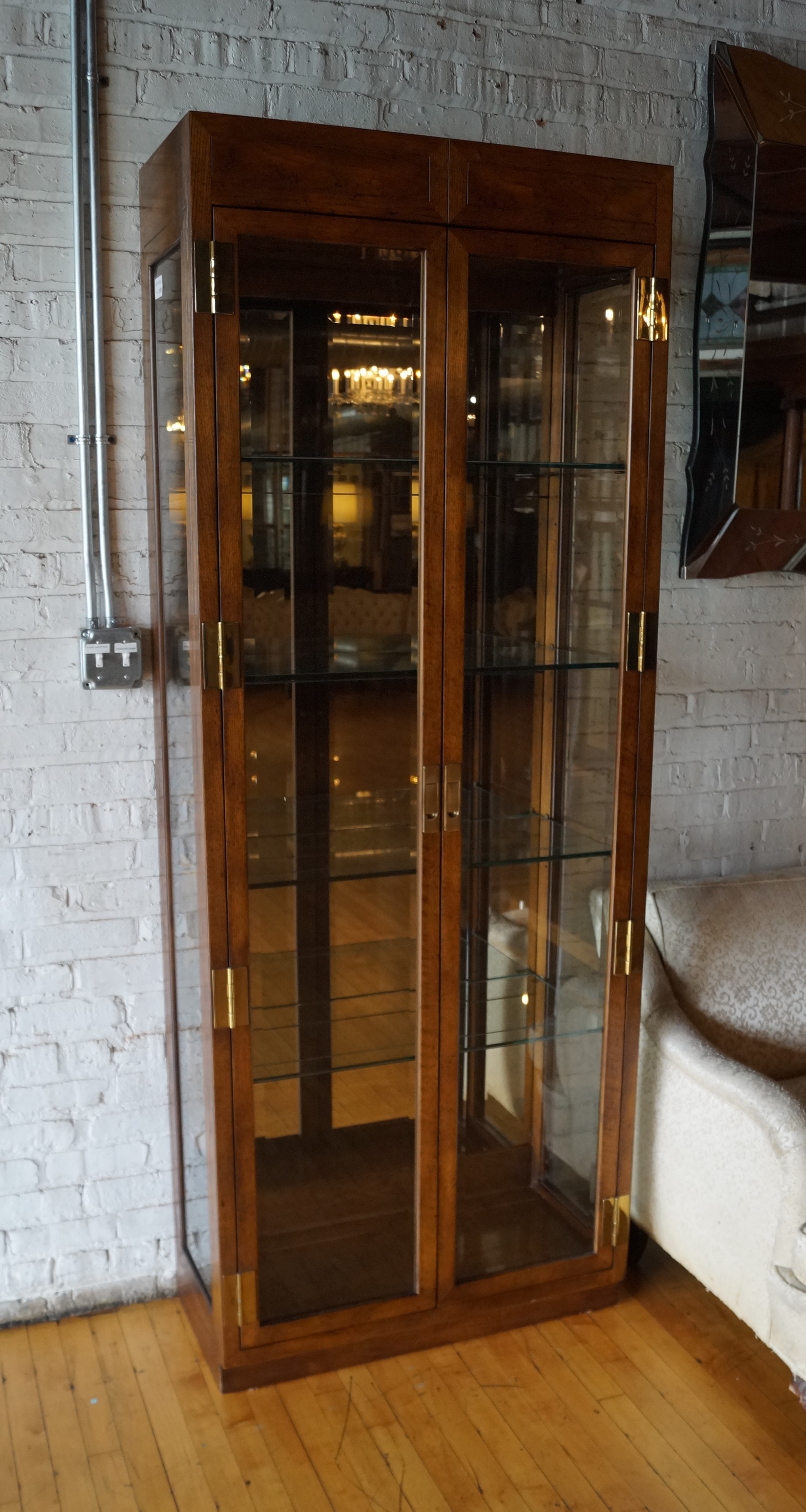 Henredon Campaign Tall Glass Display Cabinet W Lights Salvage One