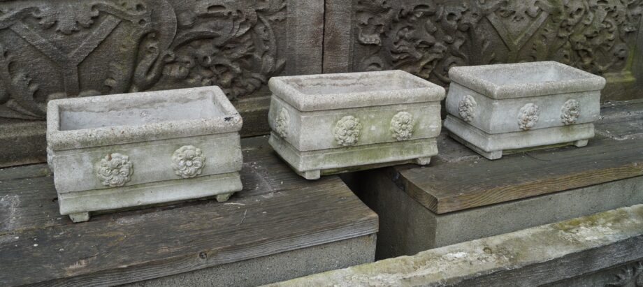 Small Cast Concrete Rectangular Planter w Flower Medallions