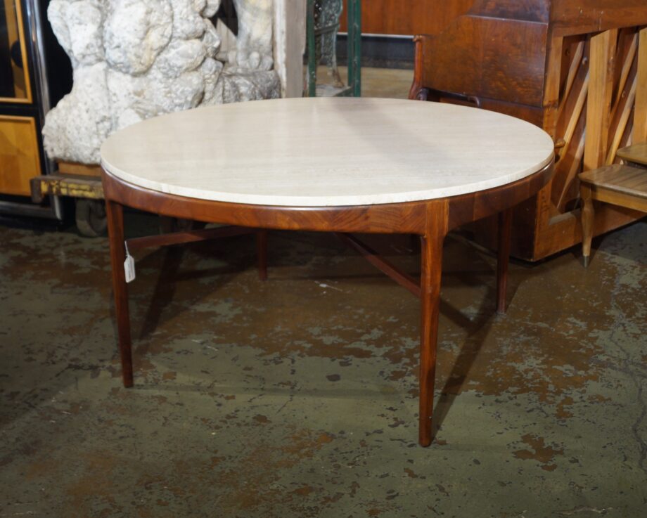 Italian Travertine and Walnut Round Display Table