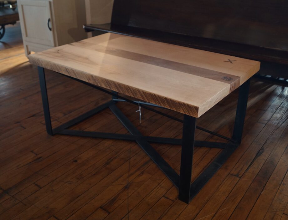 Custom Cherry and Maple Coffee Table w Walnut X Inlay and Welded Base