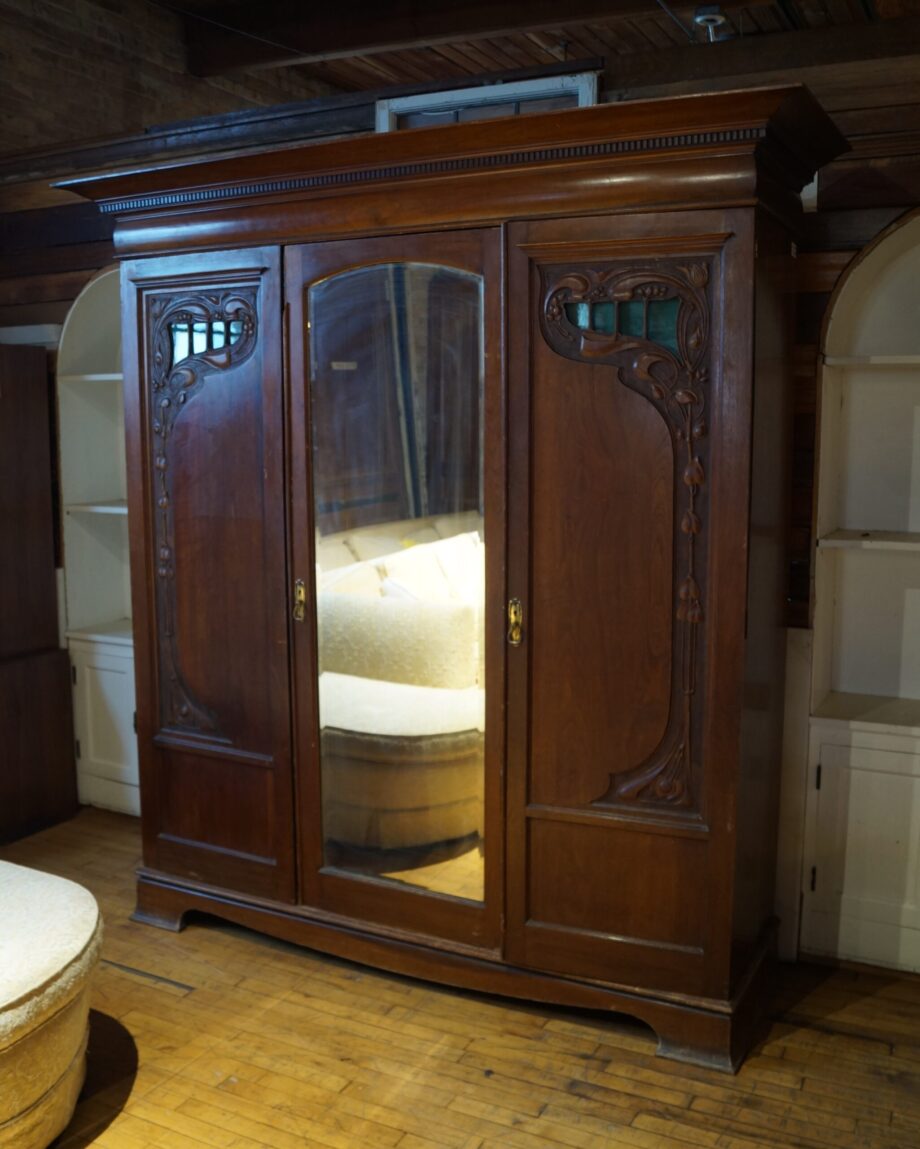 Art Nouveau Wardrobe w Carved Details and Glass Panels