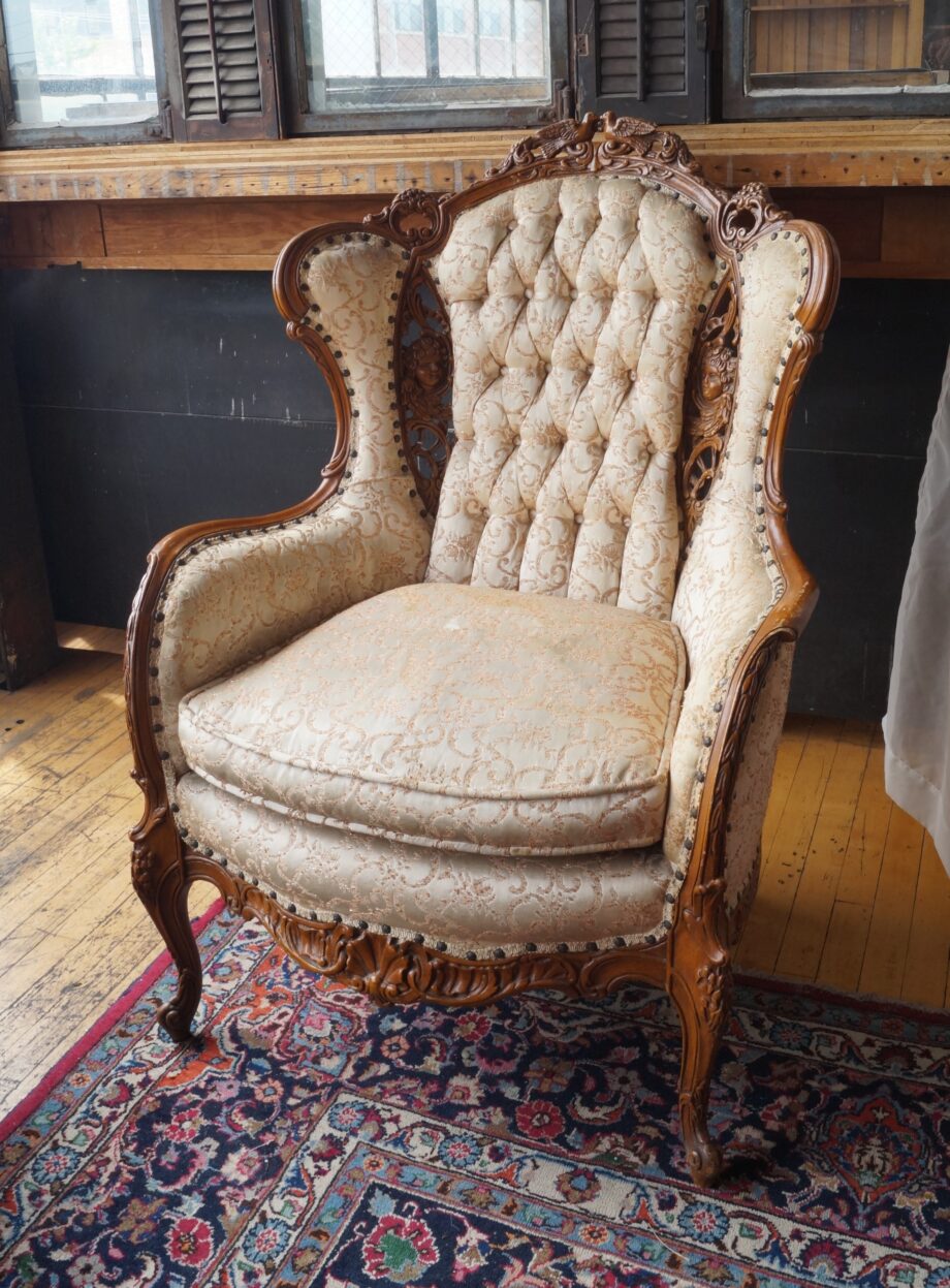 Victorian High Back Armchair w Cherubs and Doves Carving