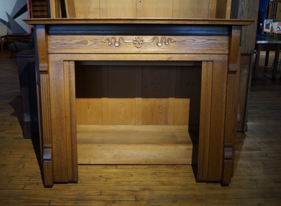 Wood Half Mantel w Center Carved Ribbon and Clover Detail