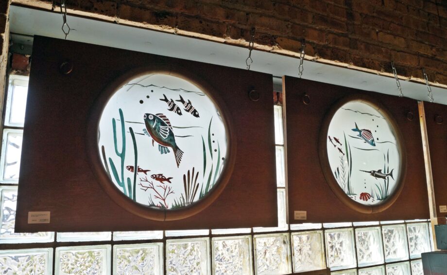 Vintage Fish Etched Glass Round Window