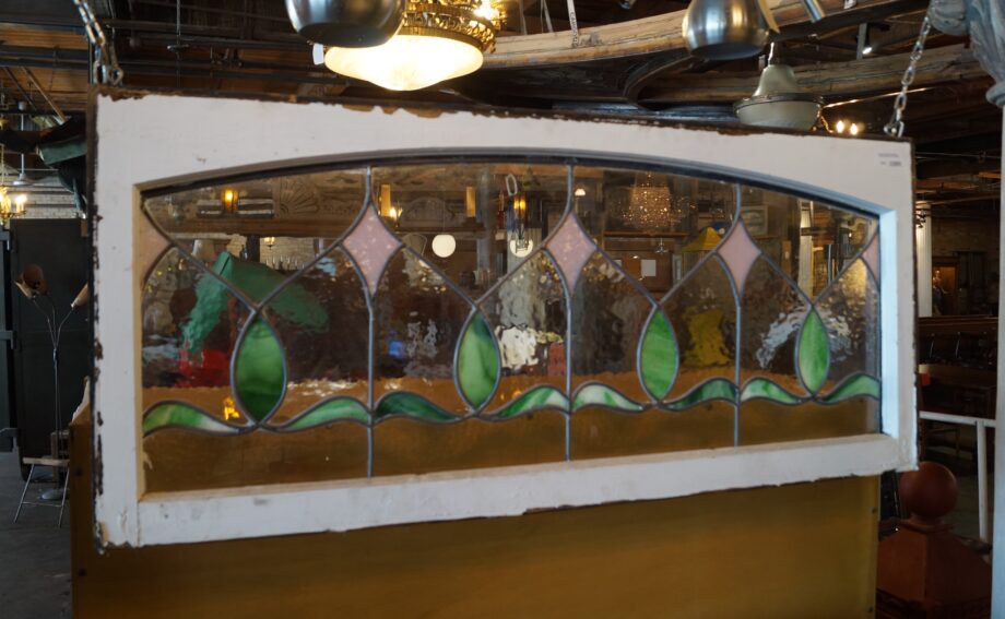 Green and Clear Stained Glass Transom Window in Frame