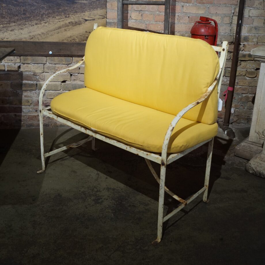 Vintage Metal Strap Patio Bench w Yellow Cushions