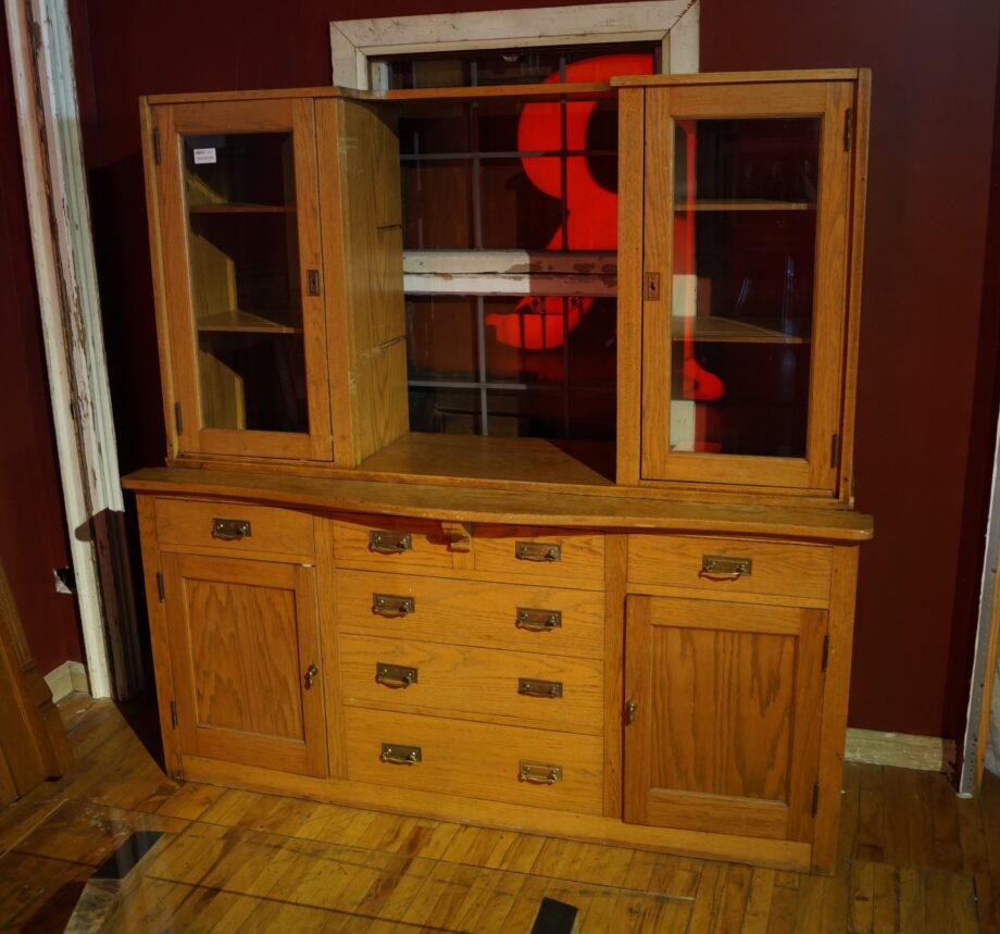 Antique Blonde Built In 7 Drawer 4 Door Hutch w Bevel Glass