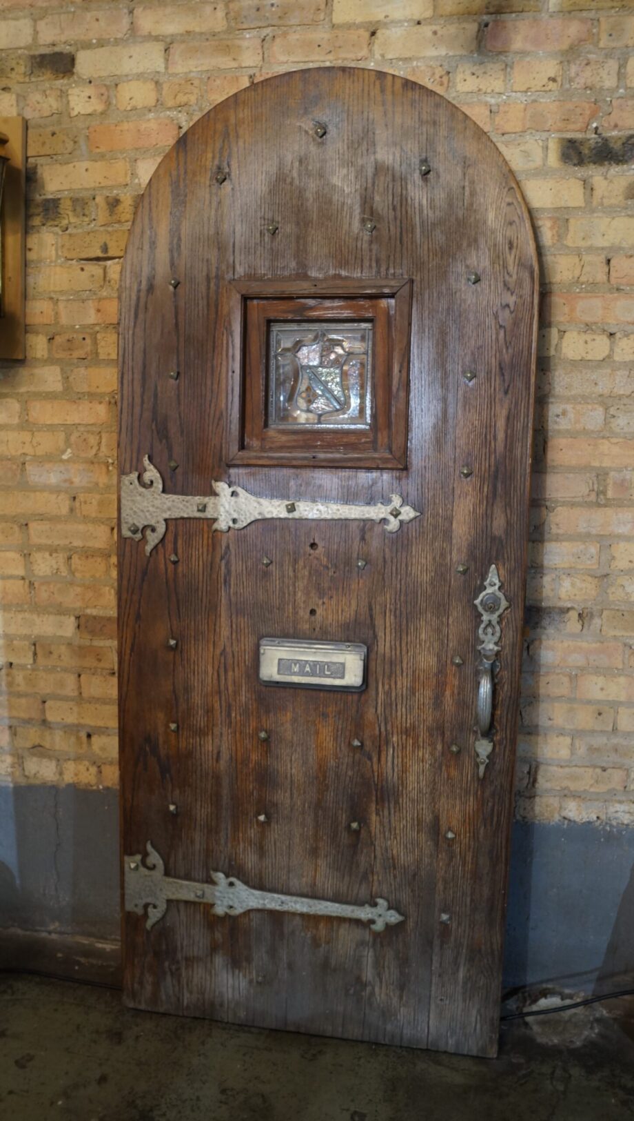 Antique Arch Top Entry Door w Strap Hinges and Stained Glass Peephole Door