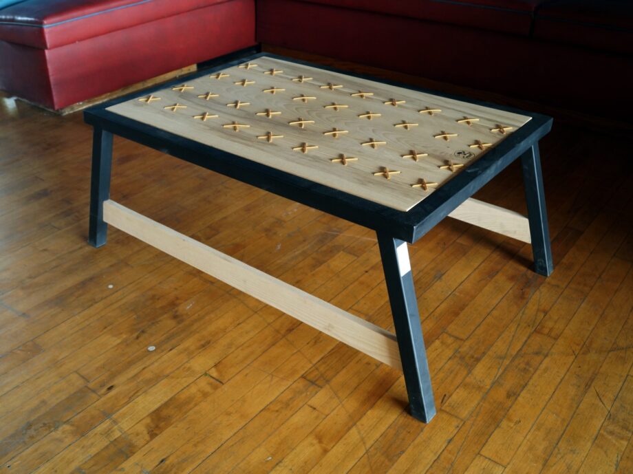 Custom Metal and Wood Coffee Table w Leather X Top