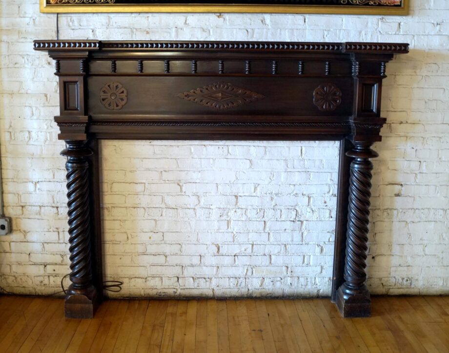 Antique Oversized Wood Half Mantel w Spiral Columns