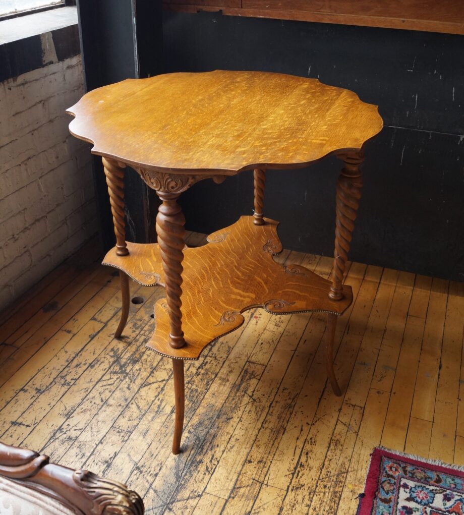 Antique Occasional Table w Spiral Turned Legs and Carved Lower Shelf