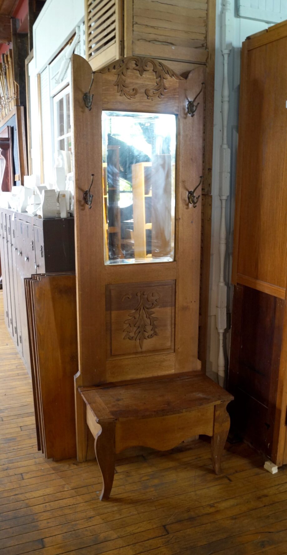 Antique Narrow Hall Bench w Mirror and Hooks