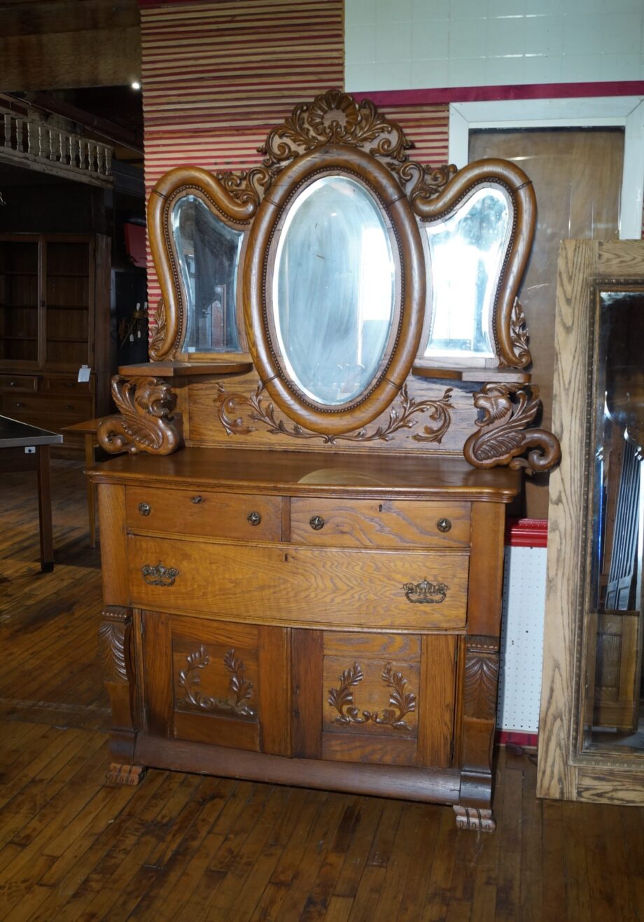 Antique Vanity Dresser w Oval Mirror and Winged Serpents