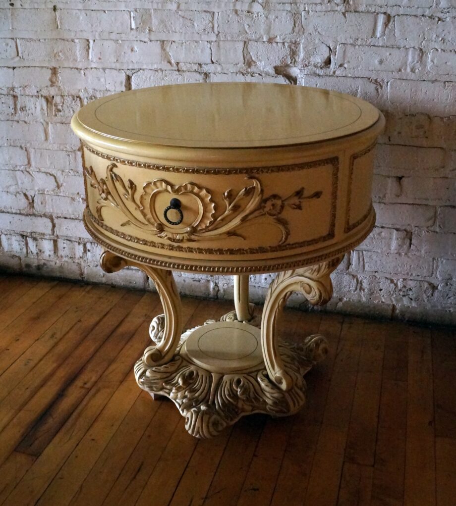 Vintage Yellow French Provincial Round Side Table w Drawer