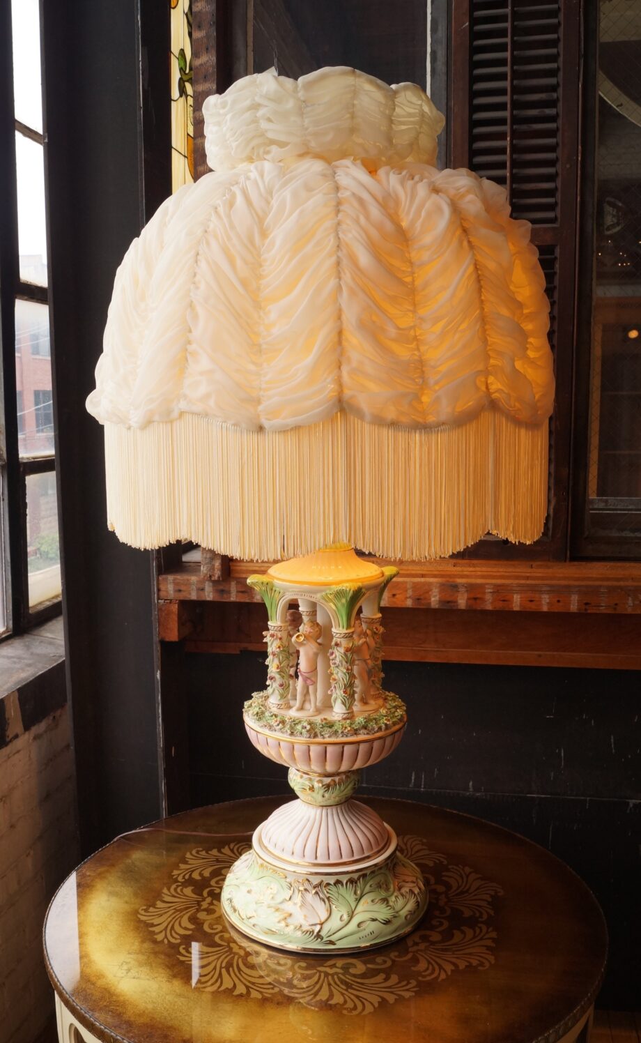 Vintage Ceramic Table Lamp w Cherubs and Wedding Dress Shade