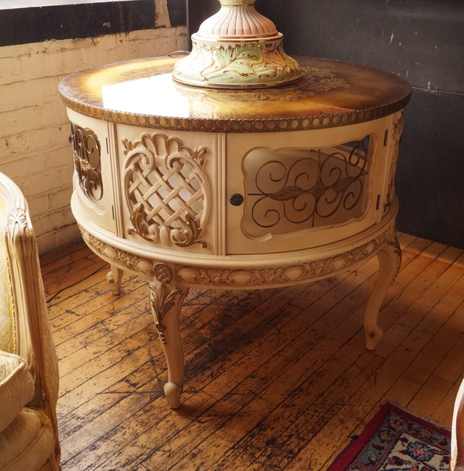 Vintage French Provincial Round Side Table w Storage