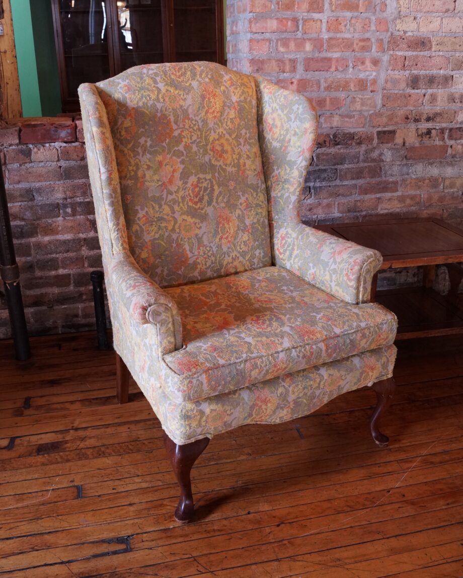 Green and Yellow Floral Pattern Wingback Chair