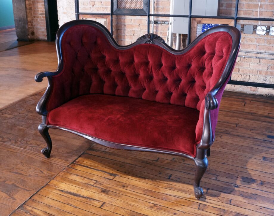 Red Velvet Victorian Camel Back Loveseat