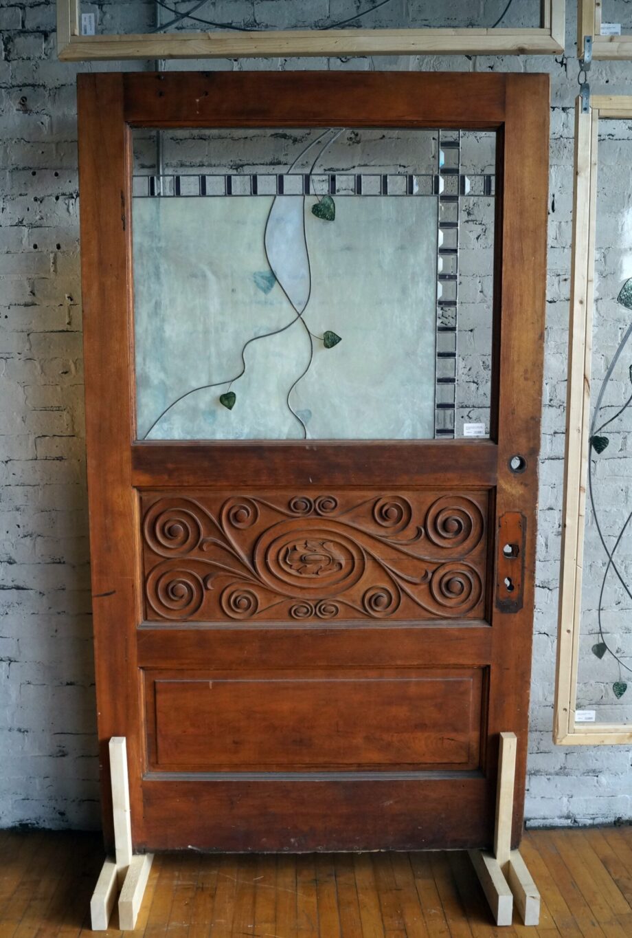 Wide Vestibule Door w Custom 3D Leaf Stained Glass and Carved Panel w Transom