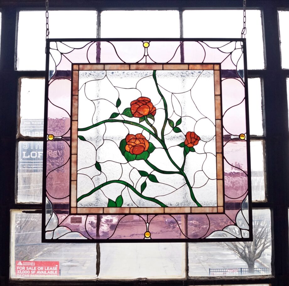 Unframed Purple Border and 3 Roses Stained Glass