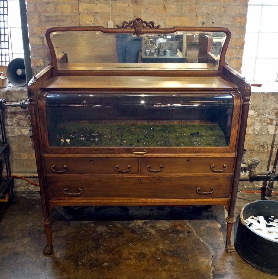 Antique Display Case w Curved Glass and Mirror