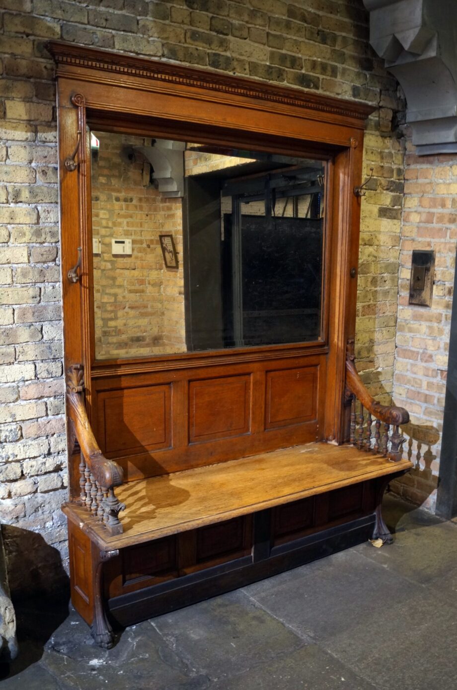 Antique Built In Hall Mirror Bench w Carved Arms and Feet