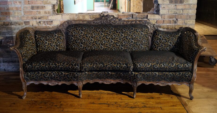 Victorian Sofa w Carved Frame and Black and Gold Pattern