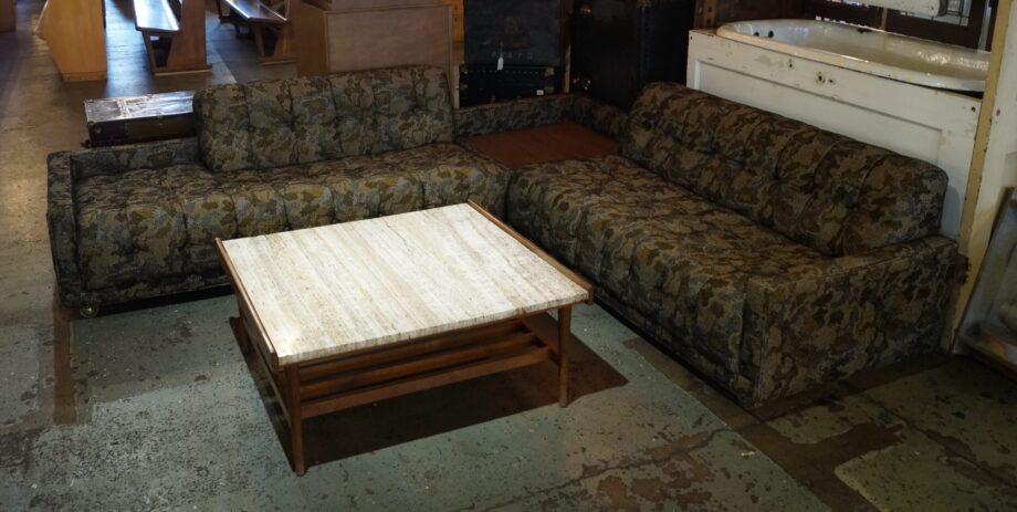 MCM Kroehler Sectional w Corner Table and Brown Green Pattern