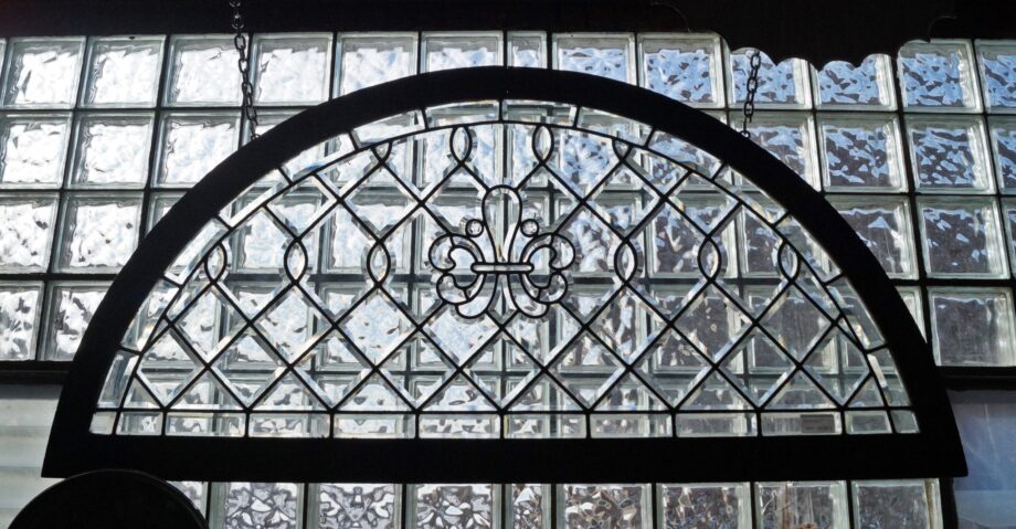 Beveled Glass Arch Window w Fleur de Lis Center