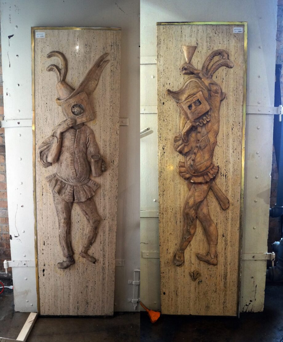 Travertine Panels w Carved Figures from Tavern Club Chicago PAIR