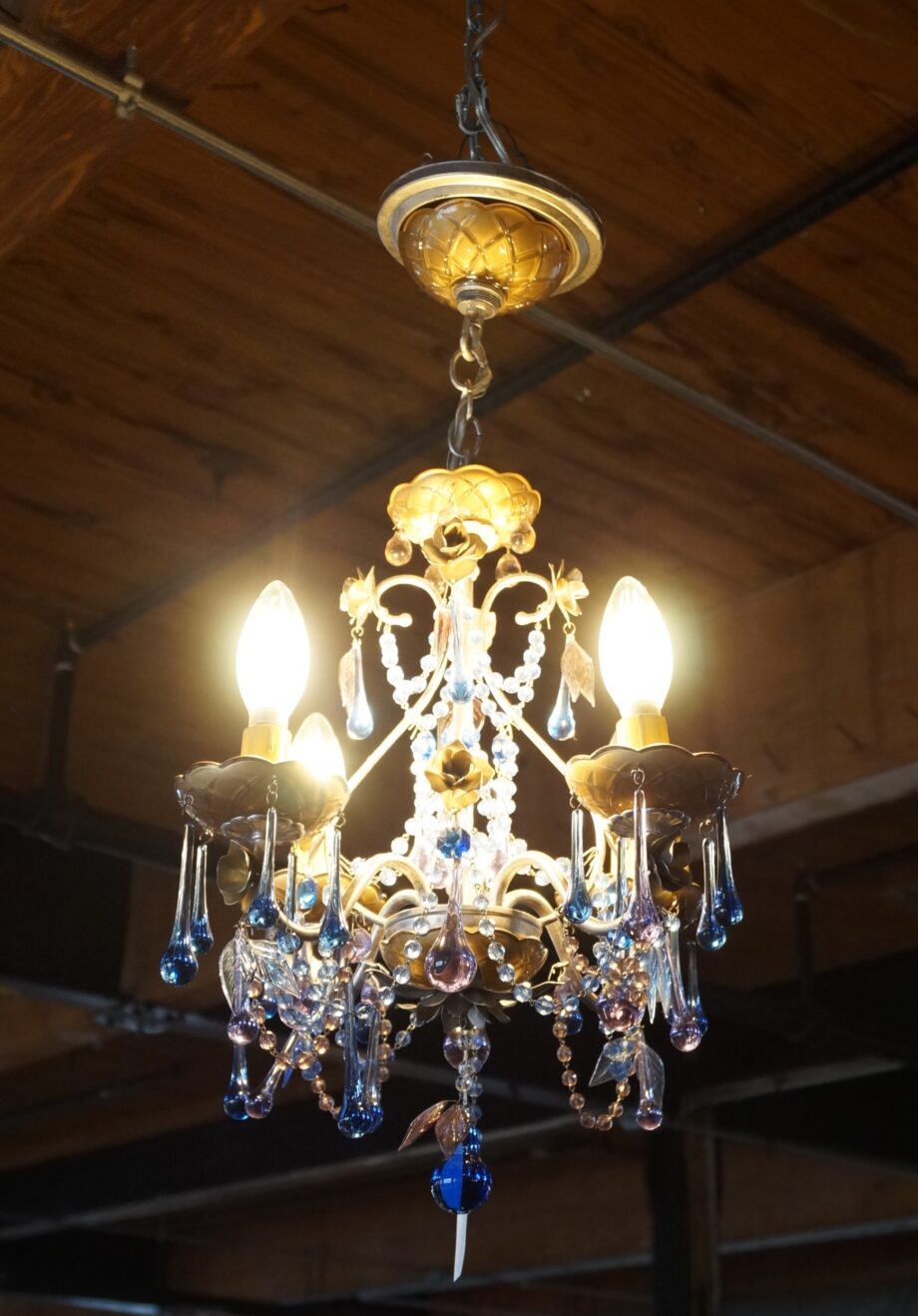 Vintage 4 Light Chandelier w Purple Teardrop Crystals