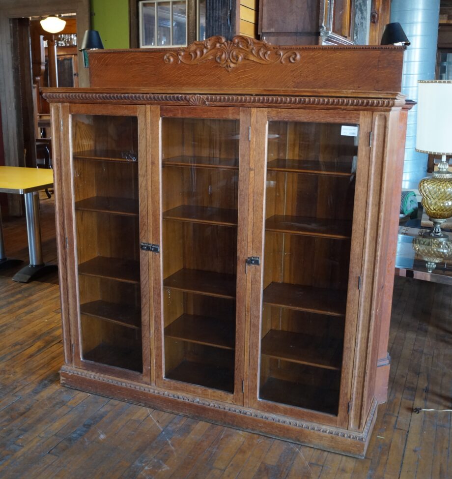 Antique 3 Door Bookcase w Carved Back Pediment