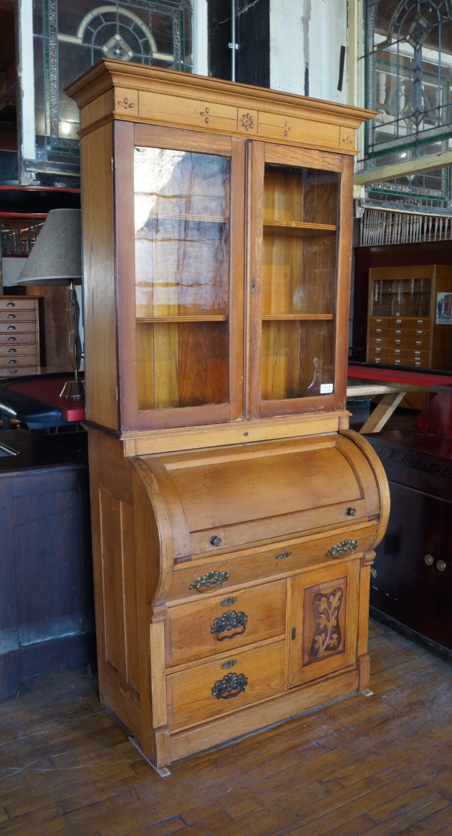 Antique Secretary w Rounded Door and Carved Accents