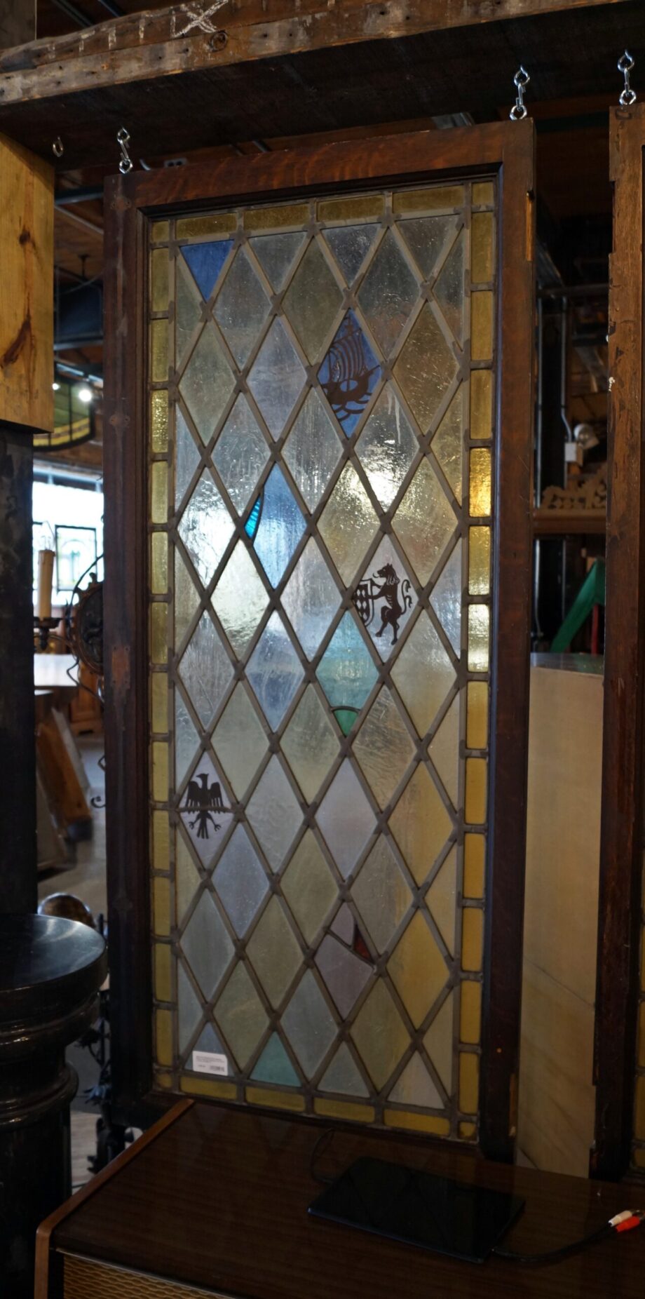 Multicolor Diamond Pane Stained Glass w Painted Emblems from 208 S La Salle