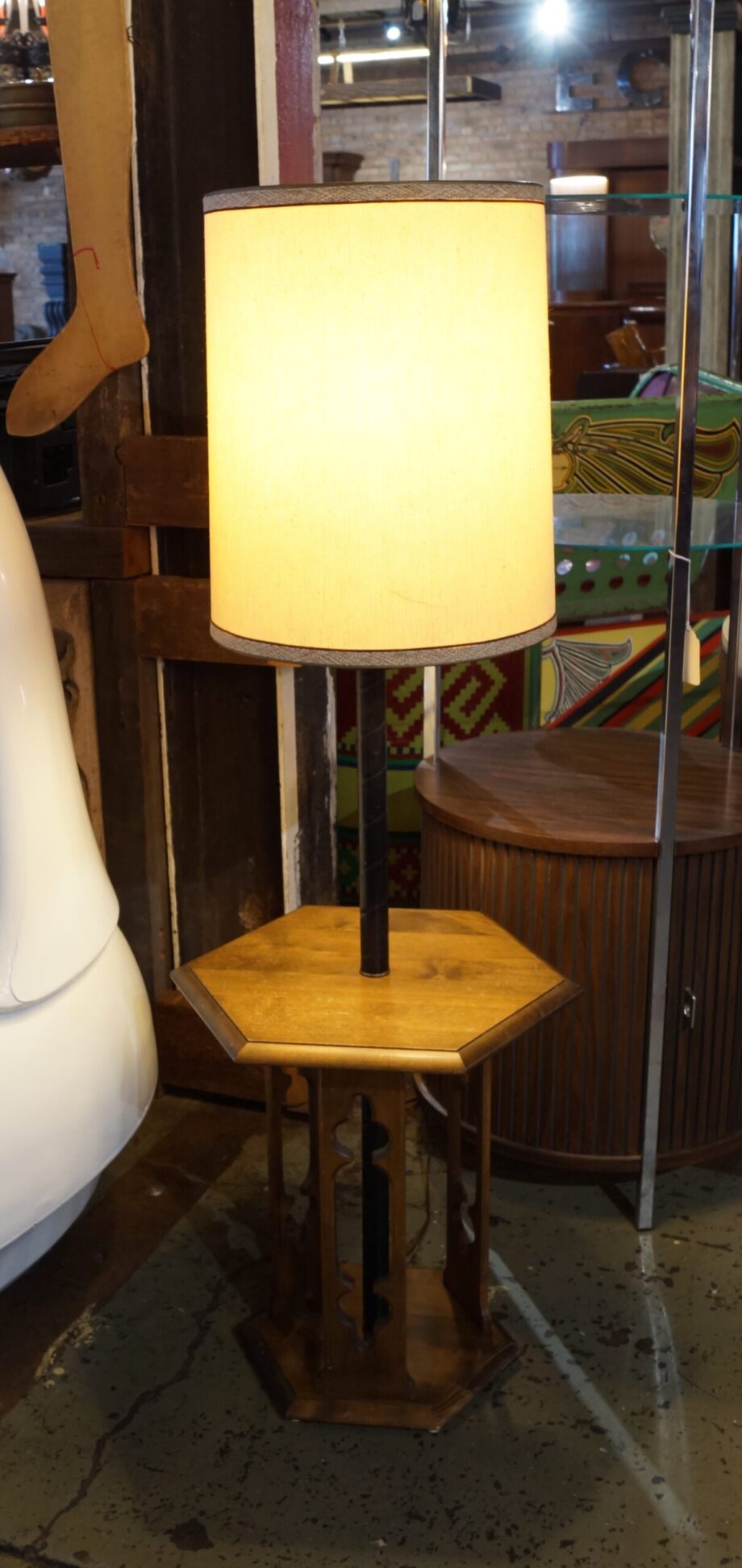 Side Table Floor Lamp w Cutout Wood Base